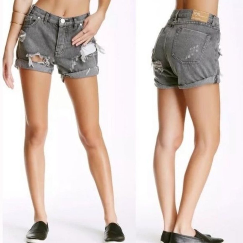 One Teaspoon Phantom Grey Chargers Distressed Mid Rise Denim Shorts 26